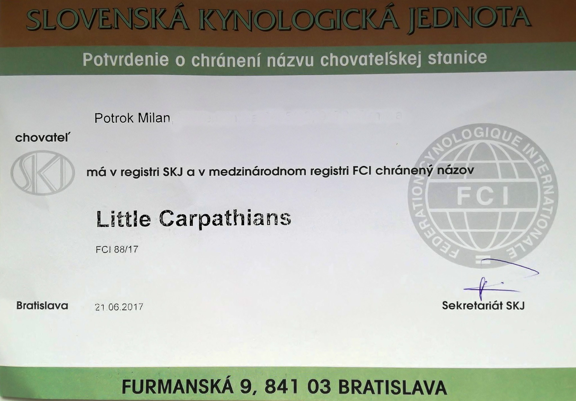 Potvrdenie o chránení názvu CHS